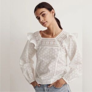 NWOT Madewell Eyelet and Lace White Flutter  Shoulder Long Sleeve Blouse -Medium